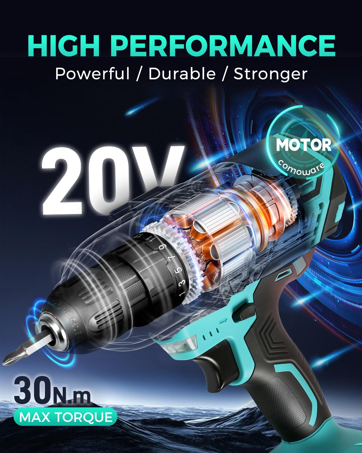 COMOWARE 20V Cordless Drill, Electric Power Drill Set with 1 Battery & Charger, 3/8" Keyless Chuck, 2 Variable Speed, 266 In-lb Torque, 25+1 Position and 34pcs Power/Driver Bits