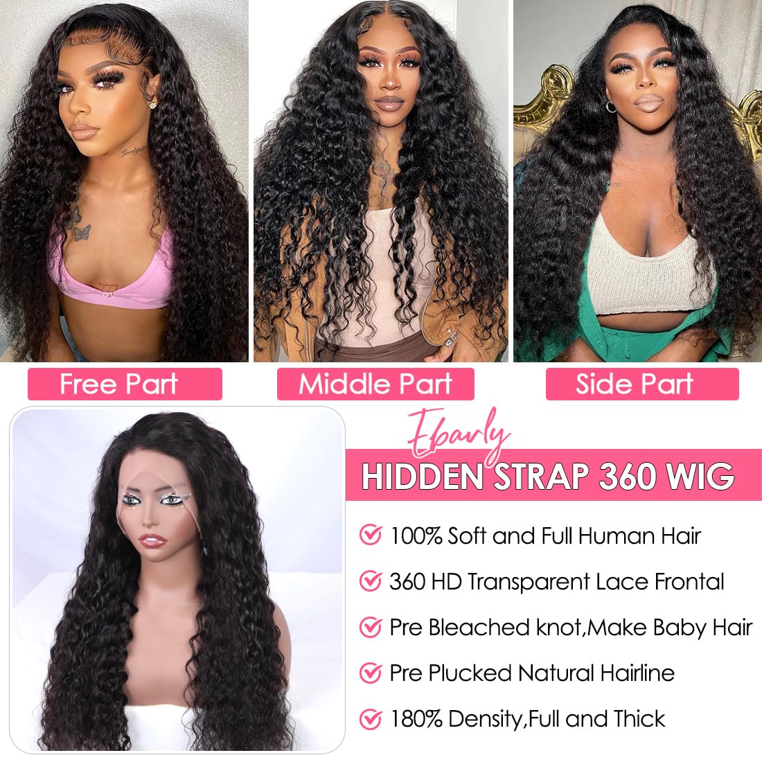 Ebarly Hidden Strap 360 Full Lace Front Wigs Human Hair Pre Plucked Bleached Knots 180 Density Water Wave HD Lace Frontal Wig with Drawstring Natural Hairline Glueless Wigs for Women(24 inch)