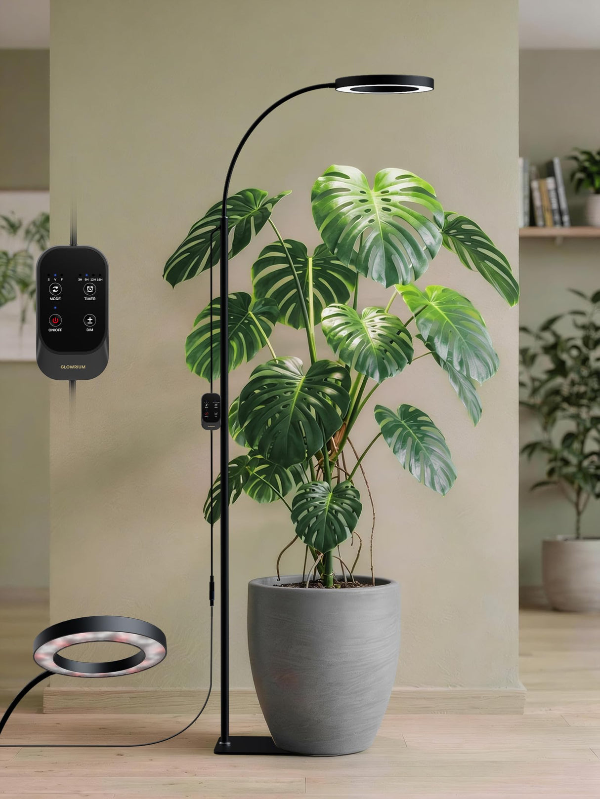 GLOWRIUM Grow Lights for Indoor Plants, Full Spectrum LED Grow Light Floor Lamp with Stand Adjustable Height and Angle, Black Plant Light with 3/9/12H Grow Light Timer (Black, Single Head)
