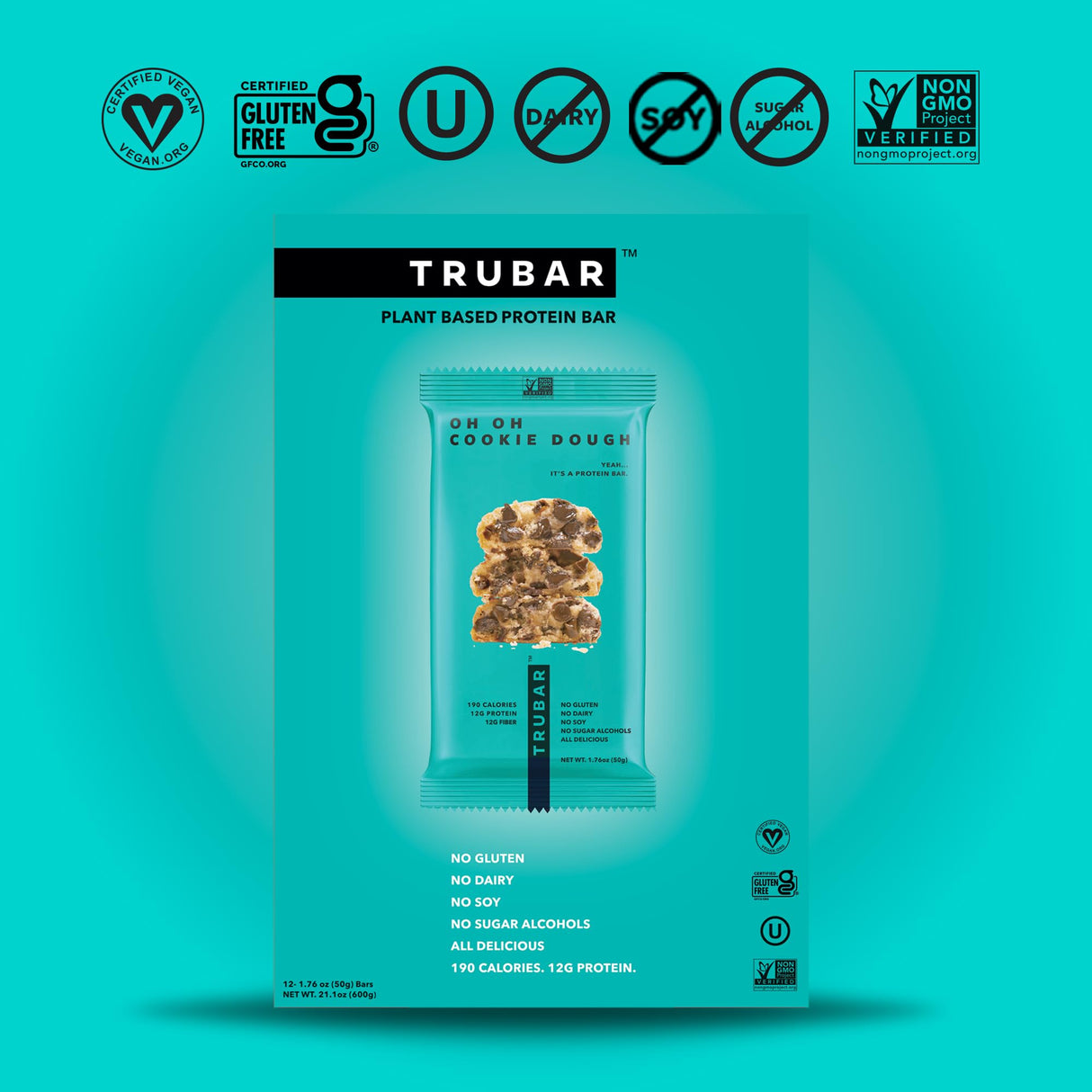 TRUBAR Vegan Protein Bar, Oh Oh Cookie Dough, Gluten Free, Plant Based, High Fiber, Dairy Free, Low Fat, No Sugar Alcohols, 12G Lean Protein, 13G Fiber, Healthy Snack Bars, 12 CT