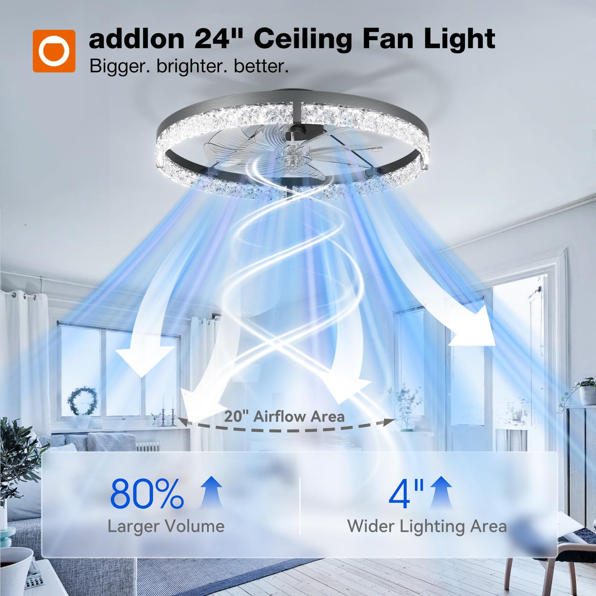addlon Ceiling Fans with Lights and Remote, 24'' Low Profile Flush Mount Ceiling Fan, 3000–6000K Dimmable LED Fandelier, Bladeless Crystal Fan Light for Bedroom, Kitchen, Living Room, Black
