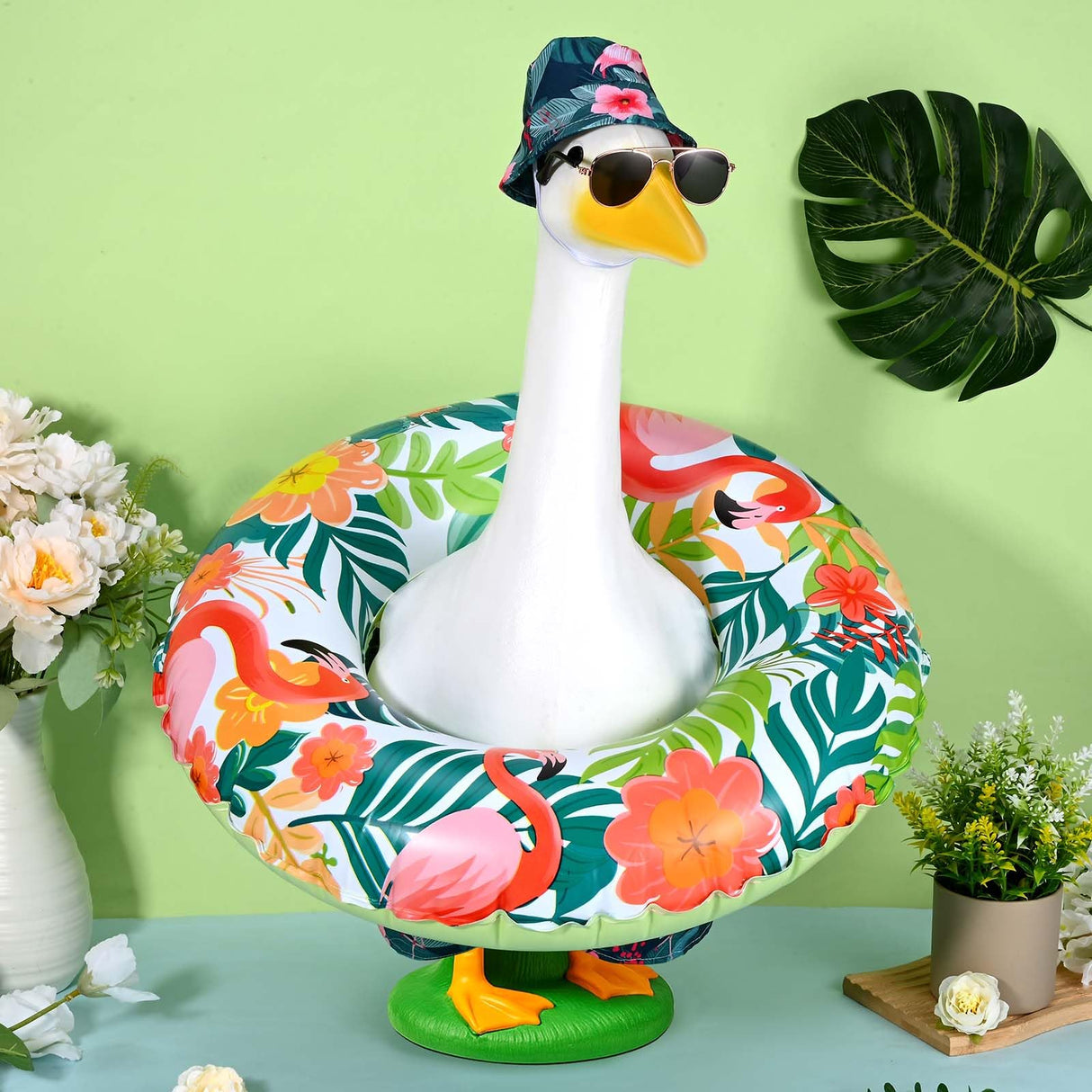 GANSHAYA Summer Goose Outfits Porch Goose Hawaiian Outfit 23 Inch Tropical Goose Clothes with Swim Trunks Sun Hat Sunglasses Swim Ring for Geese Statue Spring Summer Decor (Flamingo)