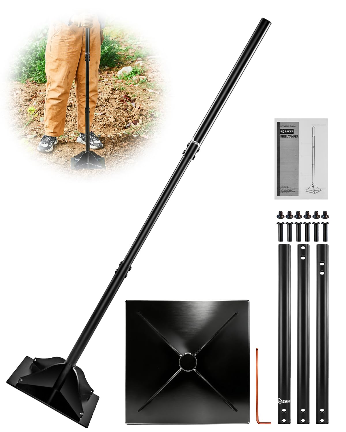 Saker Steel Tamper Heavy Duty Hand Compactor Tool, 10x10 Inch Ground Tamper for Soil, Gravel & Asphalt Compaction, 48 Inch Cushioned Handle for Driveway, Paver, Yard & Blacktop Repair