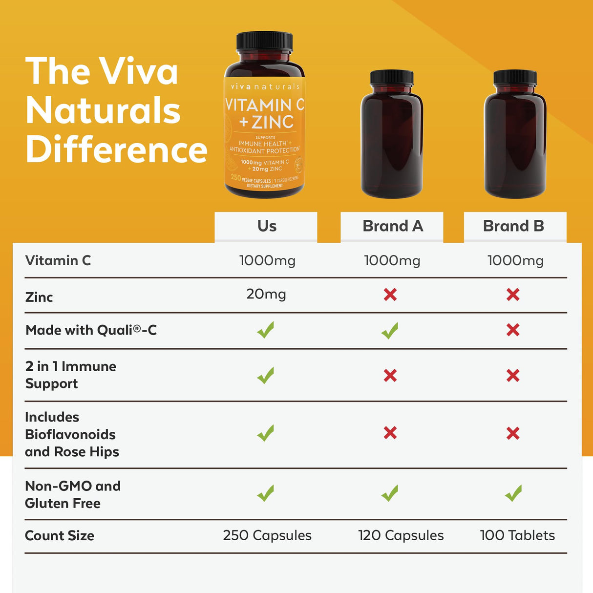 Viva Naturals Vitamin C and Zinc Supplement (250 Capsules) - 1000 mg Vitamin C with Zinc 20 mg Antioxidant Supplements for Immune Support, Vitamin Supplement for Adults