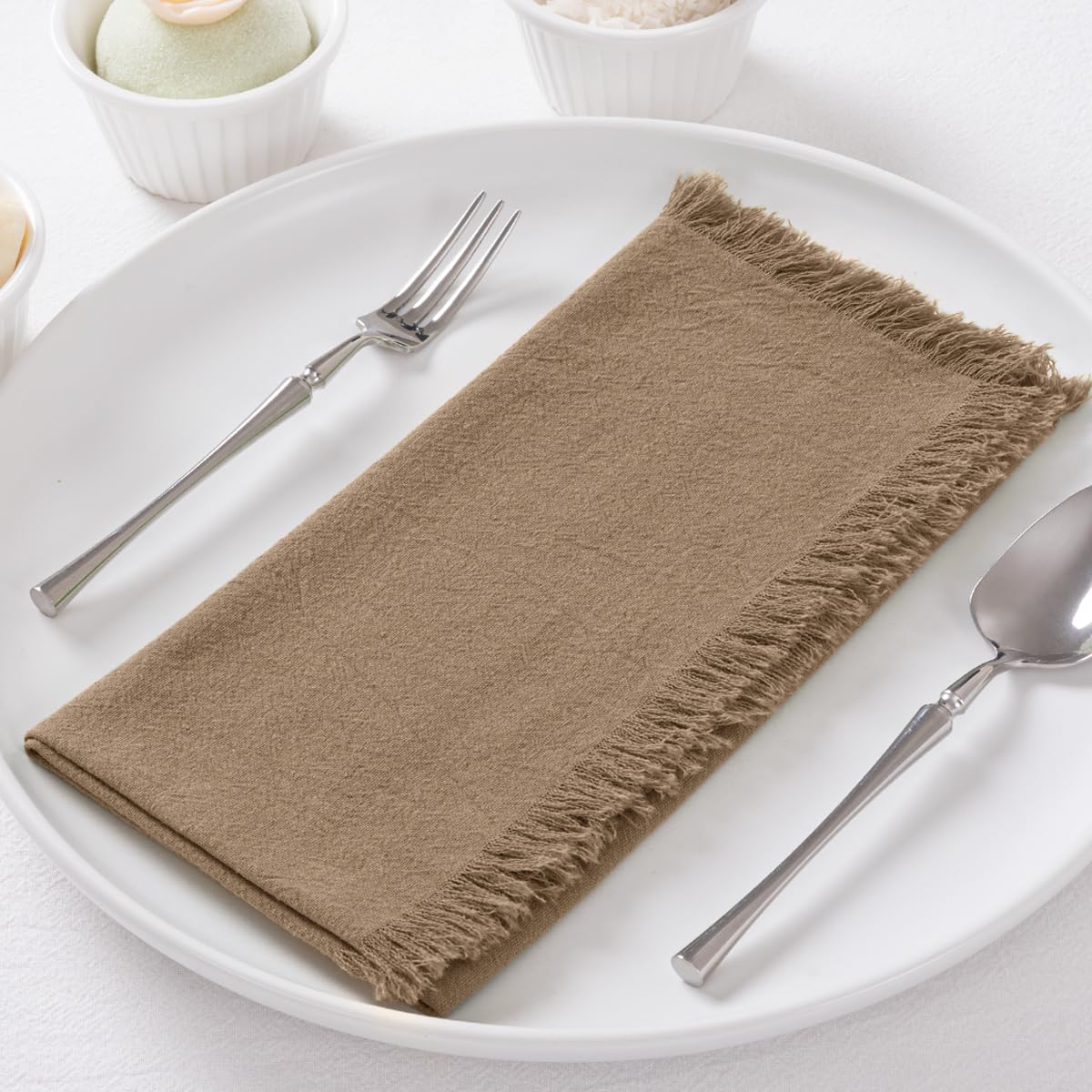 DeZerlor 12 Pack Nude Cotton Linen Napkins with Fringe Thanksgiving Fall Cloth Napkins Set of 12 Boho Handmade Dinner Table Napkins Bulk for Wedding Baby Shower Christmas Parties, 17 x 17 Inches