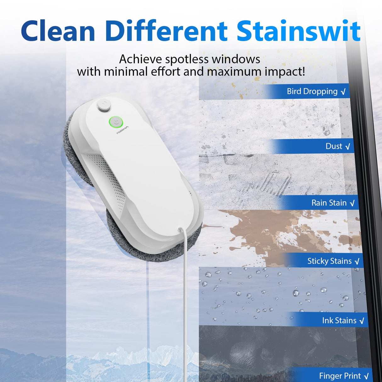 Tosima W5 Window Cleaning Robot, 6400Pa Max Adaptive Suction, Auto-Spray Smart Window Cleaner with Triple Safety System, Intelligent Navigation, Remote Control, for All Smooth Surfaces, White