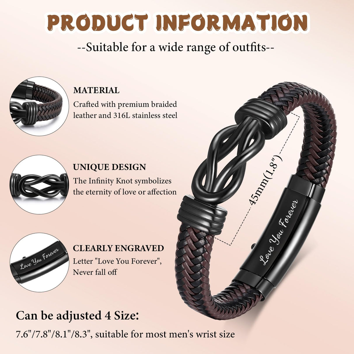 MEALGUET to My Husband Bracelet Gift - Brown Braided Leather Infinity Knot Bracelets Engraved Letter Love You Forever for Husband, Mens Bracelets Gift from Wife for Birthday Christmas