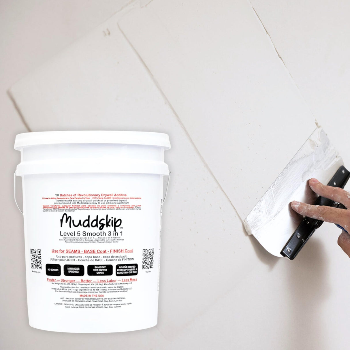 MuddSkip Smooth Drywall Additive Powder, 40 lbs in 5-Gallon Bucket | Level 5+ Finish, No Sanding Required, Same-Day Wet-on-Wet Coats | Made in USA