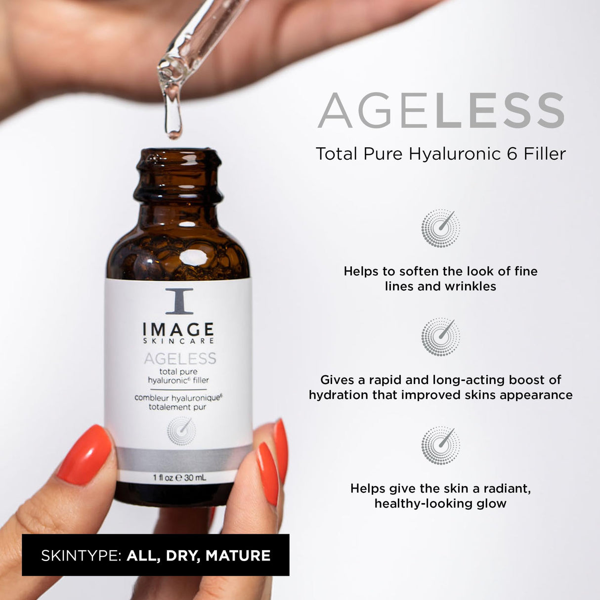 IMAGE Skincare, AGELESS Total Pure Hyaluronic 6 Filler, Facial Hydration Serum, Fill in Look of Fine Lines and Smooth Appearance of Wrinkles, 1 fl oz