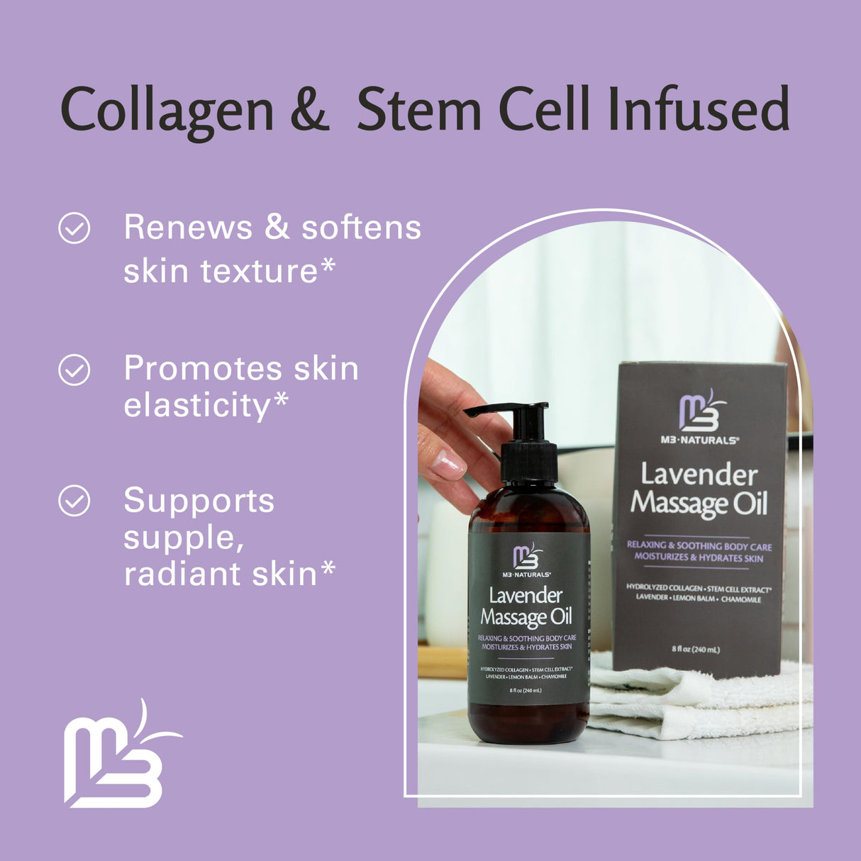 Lavender Massage Oil with Collagen and Stem Cells - Skin Firming Therapy Oil for Cellulite and Quick Absorption on Bum, Thighs, and Belly by M3 Naturals (Pack of 2)