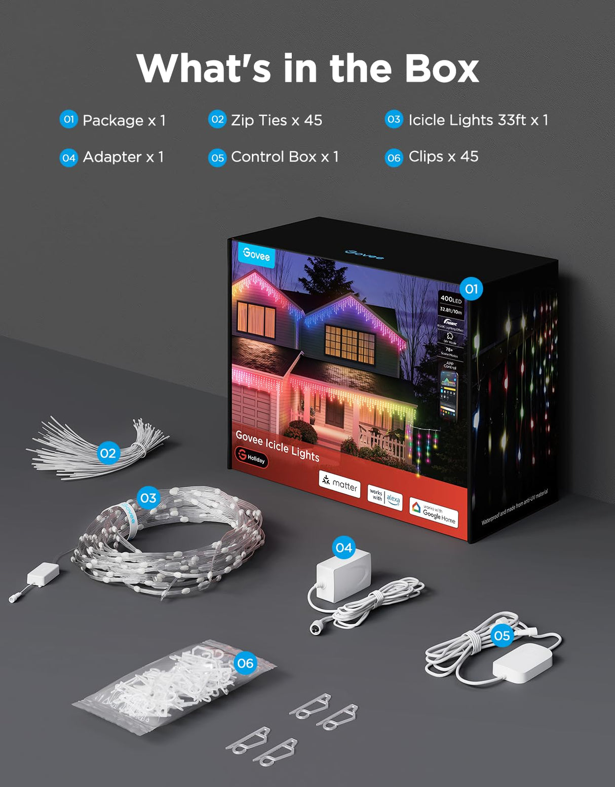 Govee Icicle Lights, Smart RGBIC Christmas Lights for Outside, 33ft with 400 LEDs Icicle Light Outdoor, IP67 Waterproof, Music Sync, Voice Control, 78+ Scene Modes for Halloween Decor