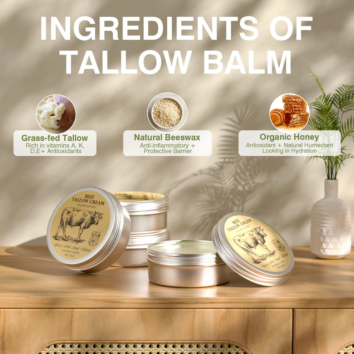 MROUVIK Beef Tallow for Skin, Tallow and Honey Balm,Tallow Face Moisturizer, Natural Grass-Fed Beef Tallow Balm with Raw Honey Moisturizing Cream for Body Lotion Skin Care