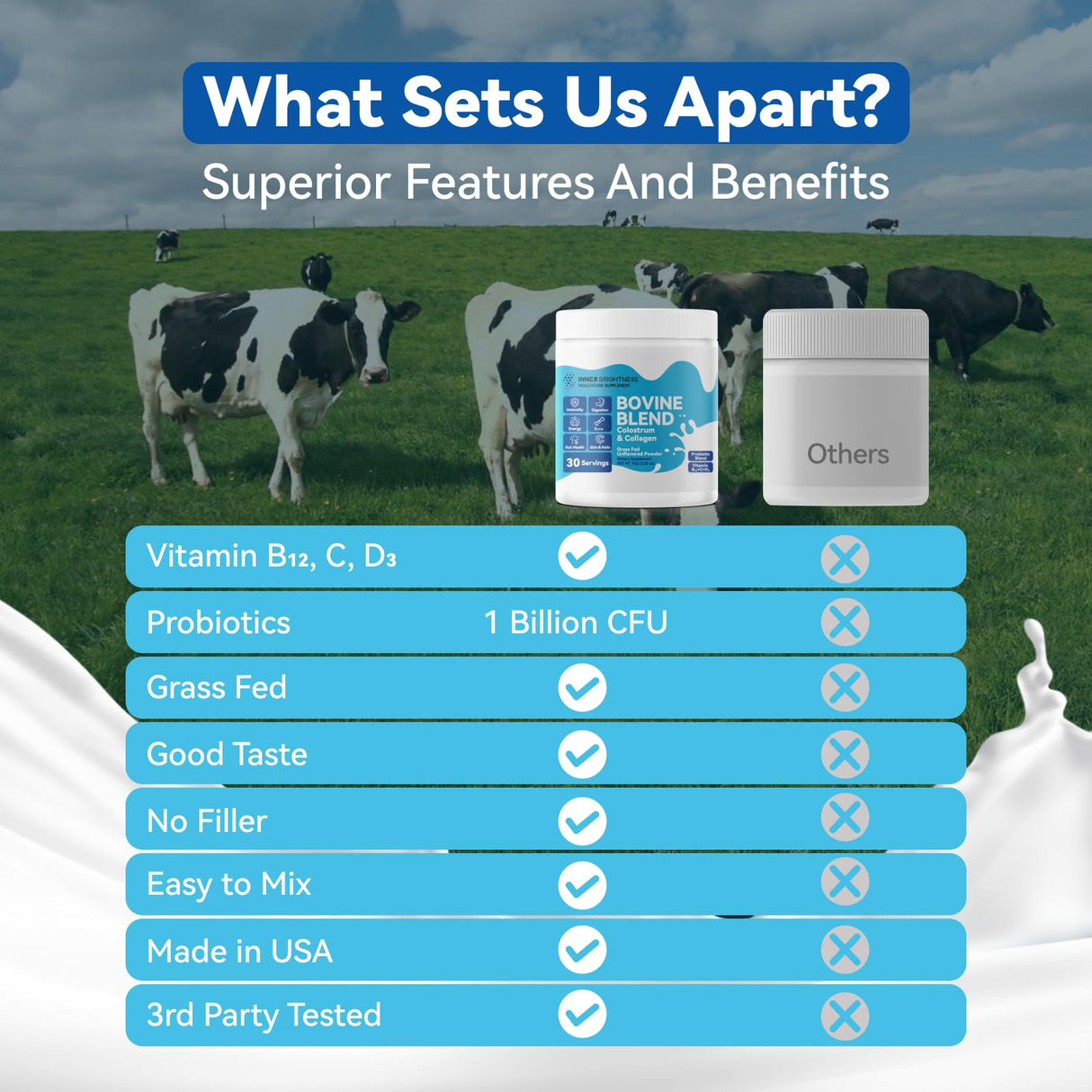 Inner Brightness Bovine Colostrum & Collagen Powder for Gut Health, Immune Support, Hair Growth & Beauty Supplement, Sugar Free – IgG, Probiotics, Vitamin B12, C, D3 – Unflavored, 30 Servings