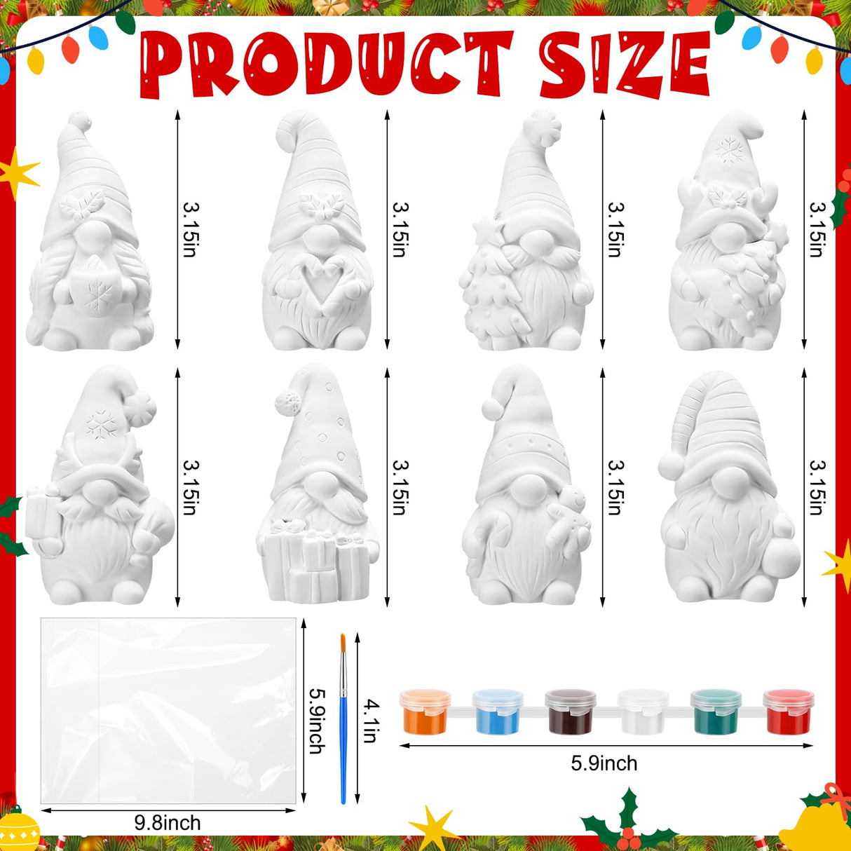 PullCrease 8 Pcs Christmas Ceramics Gnome to Paint Ready to Painting Your Own Gnome Statues DIY Unpainted Ceramics Paintable Figurines Kit Crafts with Brush Palette for Boys Girls