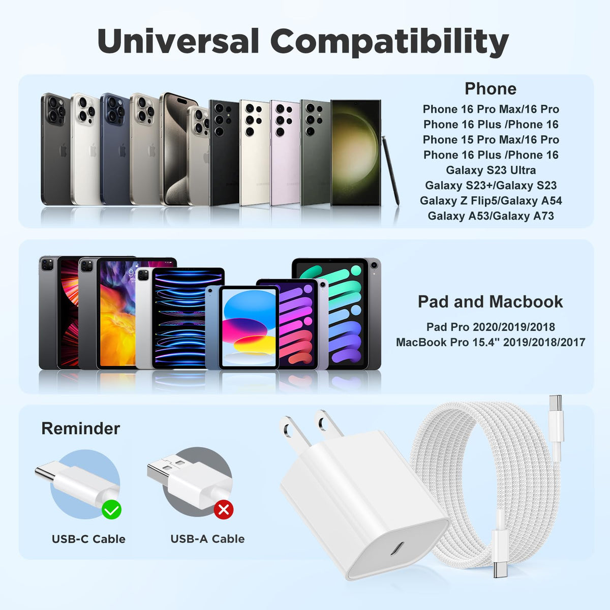 20W USB C Fast Charging for iPhone 18 Duo/17 Air/Pro/Pro Max,3Pack Colorful Mixed Charger Block with Braided Long USB C to C Cables (6/6/10ft) Compatible with iPhone 16/15 Pro/Plus/iPad Pro/Air/mini