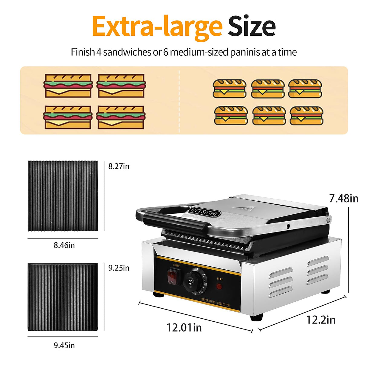 HTTSICHI Commercial Panini Press - 1800W Commercial Electric Panini Sandwich Grill w/Nonstick Coating & Adjustable Temp, Panini Grill Press w/ 9" x 9" Cooking Pan, Double-sided Heating