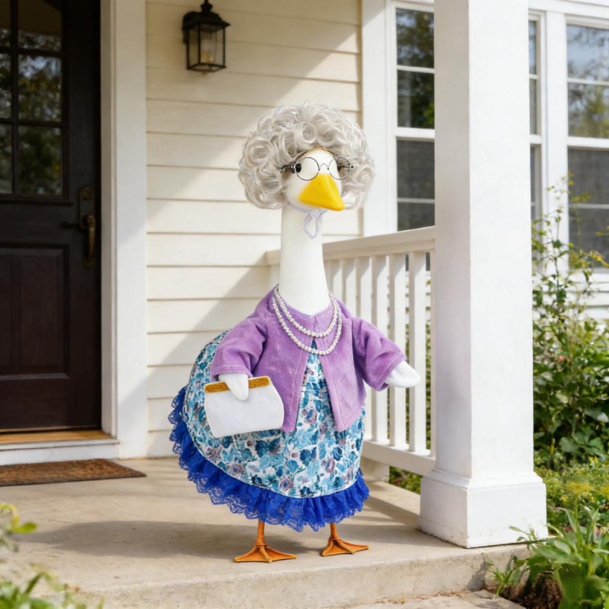 Karwuiio 5Pcs Old Lady Porch Goose Outfits Glasses Curly Wig Floral Print Dress Cardign and Pearl Necklace Set Garden Decor (Blue Floral, M)