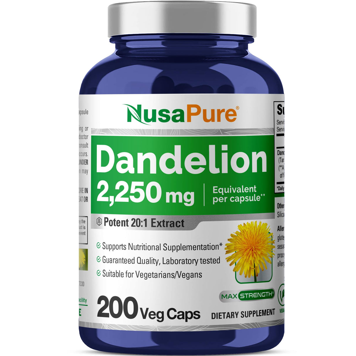 NusaPure Dandelion Root 20:1 Extract, 112.5mg Equivalent to 2,250mg 200 Veggie Capsules (Non-GMO)