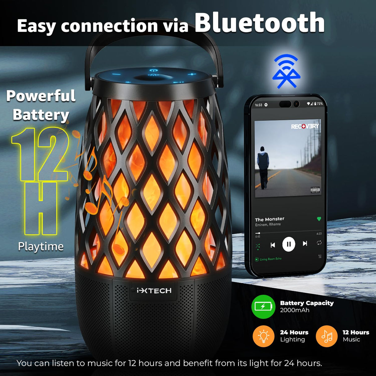 IXTECH Outdoor Bluetooth Speaker Waterproof Wireless Portable Speaker with LED Flame Lights Linkable Torch Lantern for Party Pool Camping Halloween Christmas Birthday Gift 2 Pack