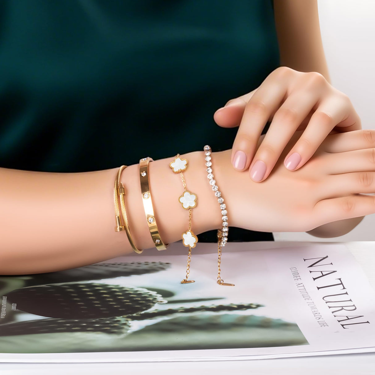 Lamdo 18K Gold Plated Stackable Floral Bracelet Set for Women, 4-Piece