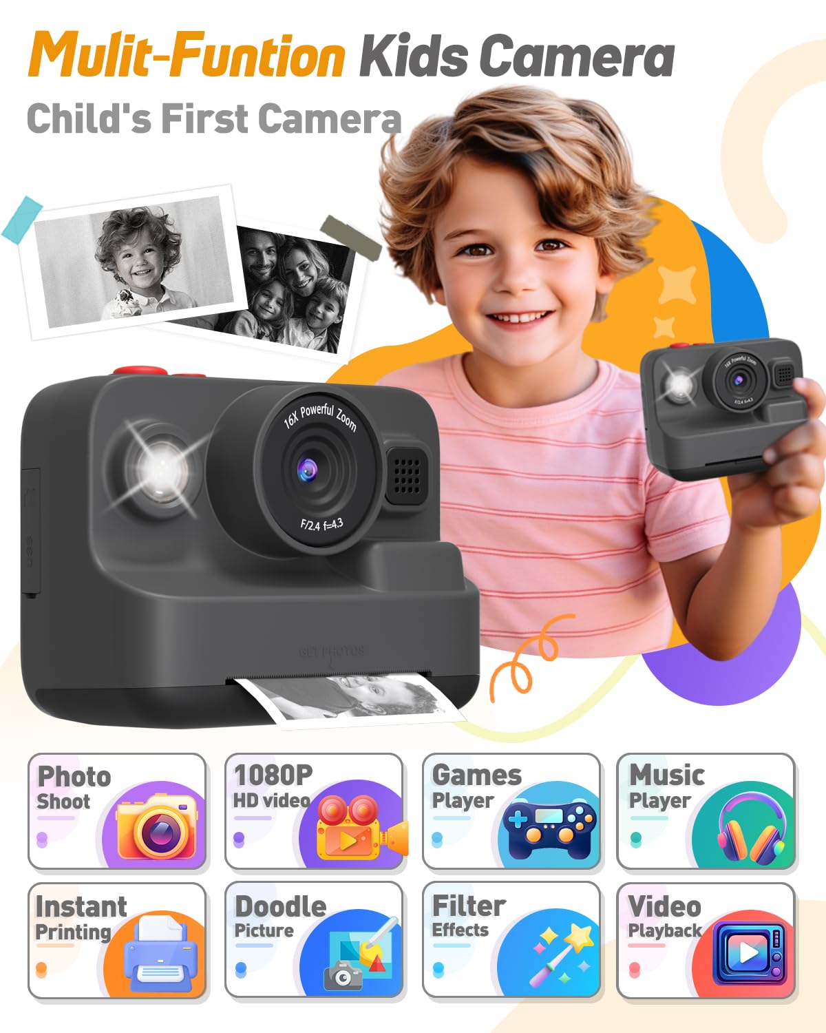 Yehtta Kids Camera Instant Print, Christmas Birthday Gifts for 3-12 Year Old Boys Girls, 2.4in Screen 1080P Kids Digital Camera Toys for Kids Age 3 4 5 6 7 8 9 10 with 3 Rolls Print Paper 32G Card