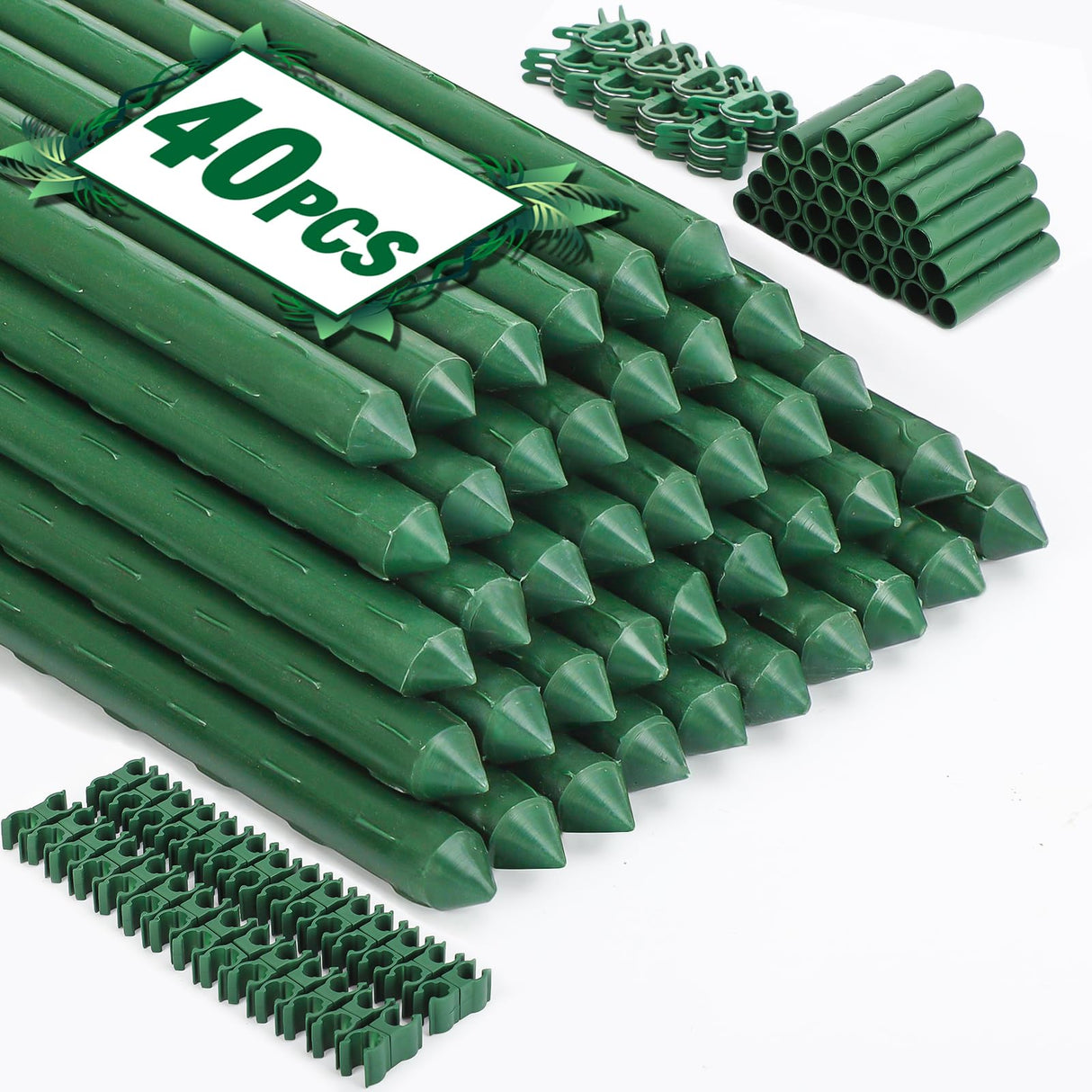 Tegarbed Garden Stakes 40 Pack, 16 Inch Plastic Coated Metal Tomato Stakes, DIY 4ft 5ft 6ft 7ft Plant Support Stakes with 28 Connectors 28 Rotatable Clips 28 Plant Clips for Indoor Outdoor Vegetables