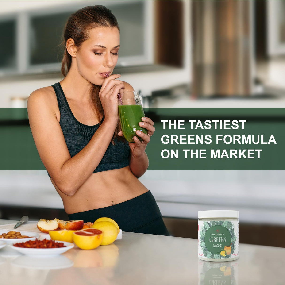 Strong + Sexy Fit Greens Powder, Green Juice Mix for Gut Health, Energy & Immune Support, Fruit and Veggies Supplement with Wheat Grass, Digestive Enzyme, Vitamin C, Electrolytes, Barley, 30 SVG