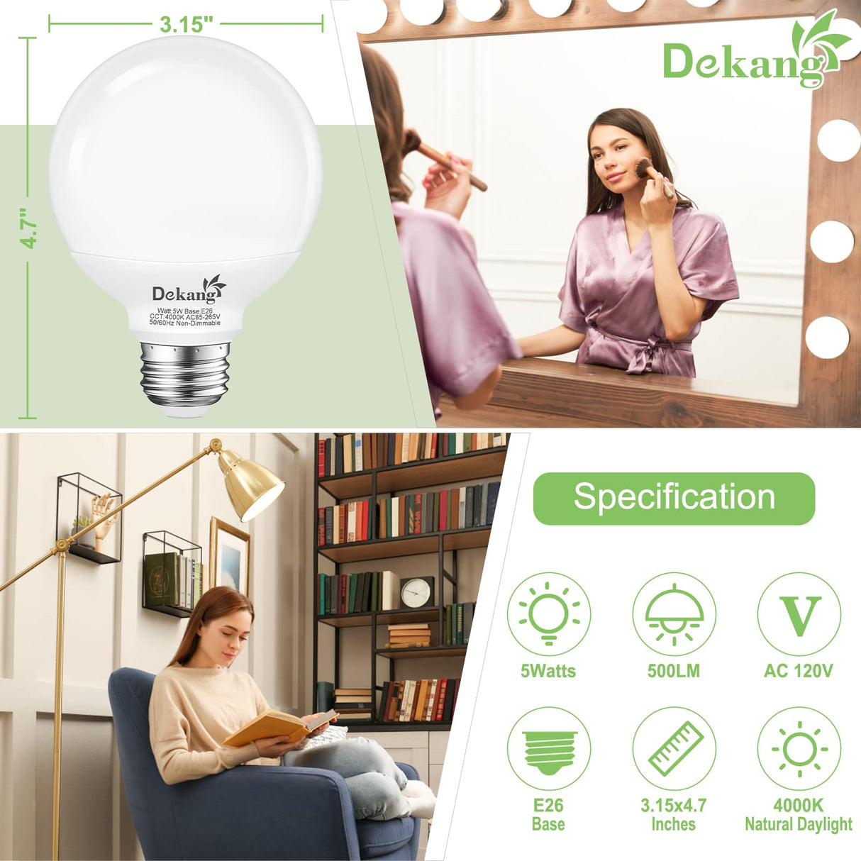 Dekang 8-Pack LED Vanity Light Bulbs for Bathroom 4000K Natural Daylight, E26 Base Globe 60W Incandescent Equivalent, 5W Round Light Bulbs for Vanity Mirror, 500LM, Non-dimmable