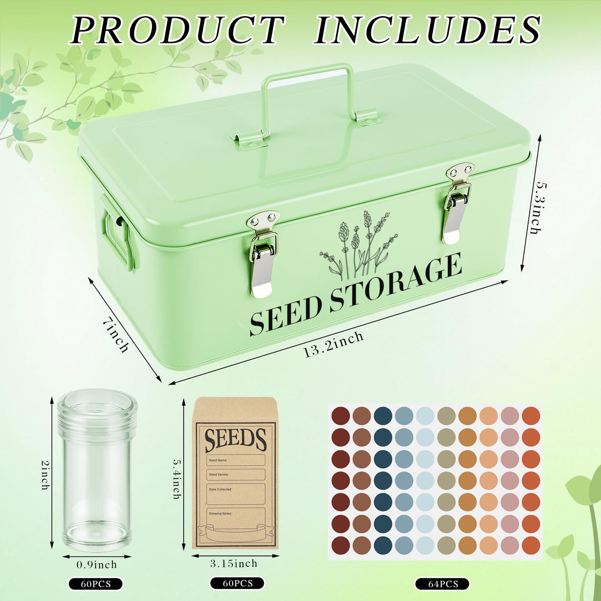 Himake 60 Slots Seed Storage Box with 4 Dividers, Metal Seed Storage Organizer Saving Box, Seeds Packet Container, Professional All-in-One Kit with 60 Seeds Envelopes and Label Stickers