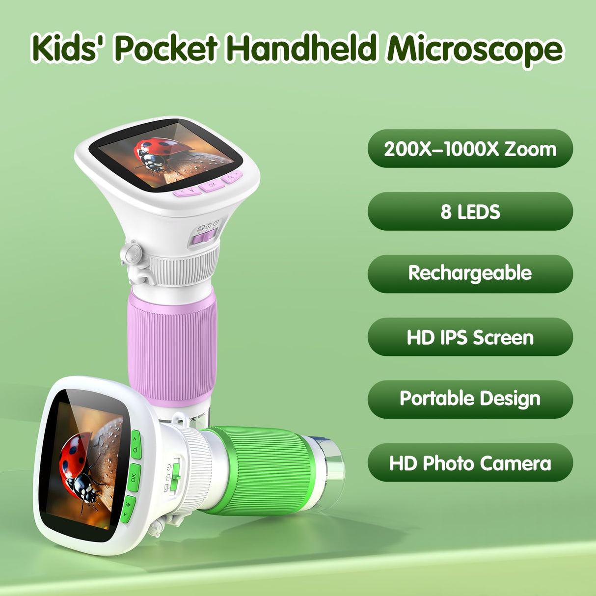 Microscope for Kids, EDCREATY 200X-1000X Portable Pocket Handheld Microscope, 2.4 High-Definition Screen, 200W Pixels for Birthday Christmas Holiday Toys Gifts for 5 6 7 8 9 10 11 12 Kids