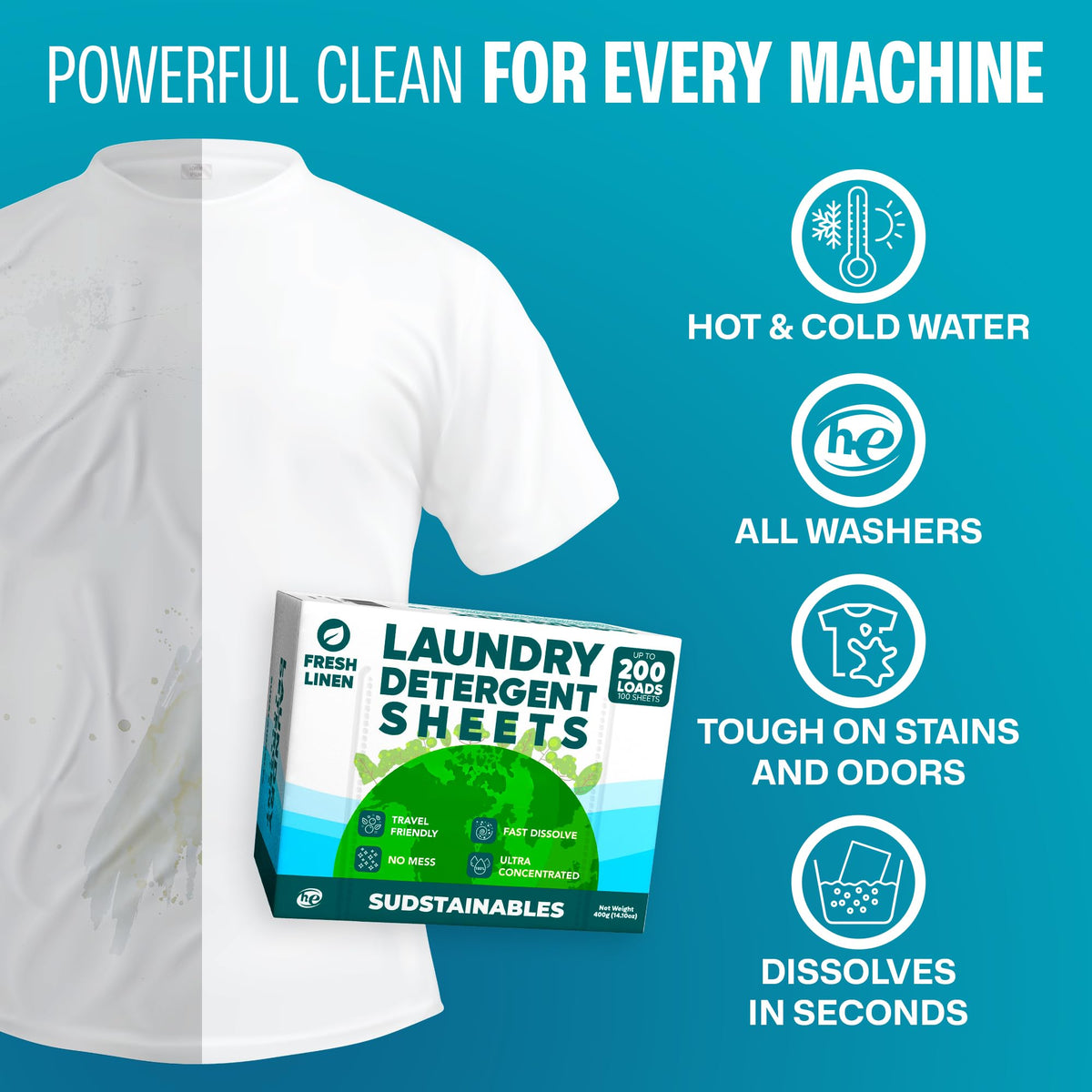 Sudstainables Laundry Detergent Sheets, Fresh Linen, 200 Loads