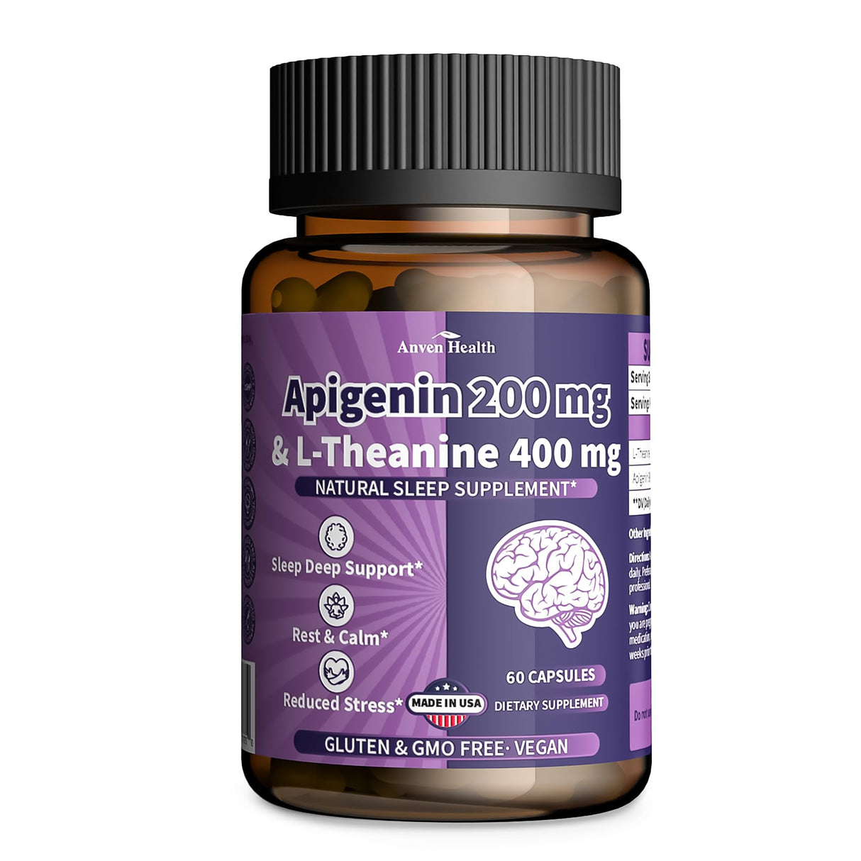 Anven Health Apigenin 200mg with L-Theanine 400mg Supplement โ Natural Relaxation & Stress Support โ Gluten Free, Non-GMO, Zero Fillers โ Made in USA | 60 Veggie Capsules