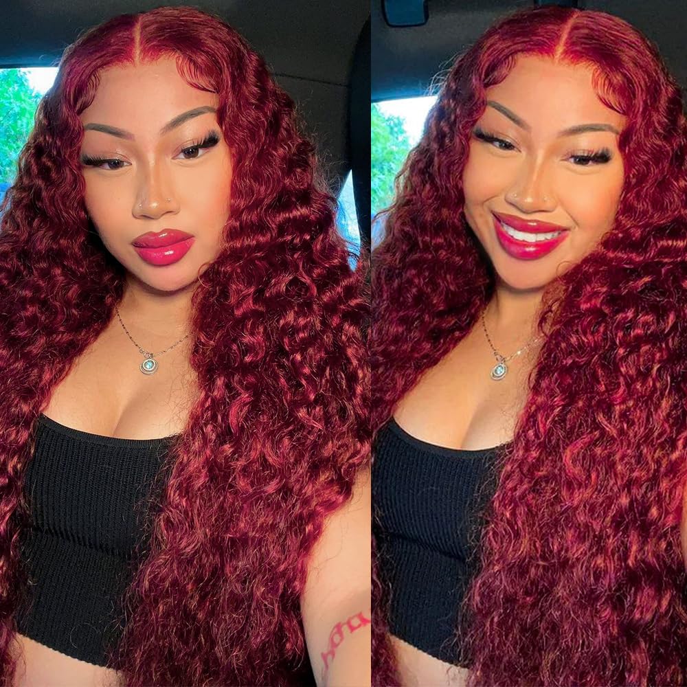 ILHILH 99J Burgundy Lace Front Wigs Human Hair Deep Wave 13x6 HD Lace Frontal Wigs Human Hair Pre Plucked 200 Density Wine Red Colored 99J Curly human hair Wig with Baby Hair 26 inch Glueless Wig