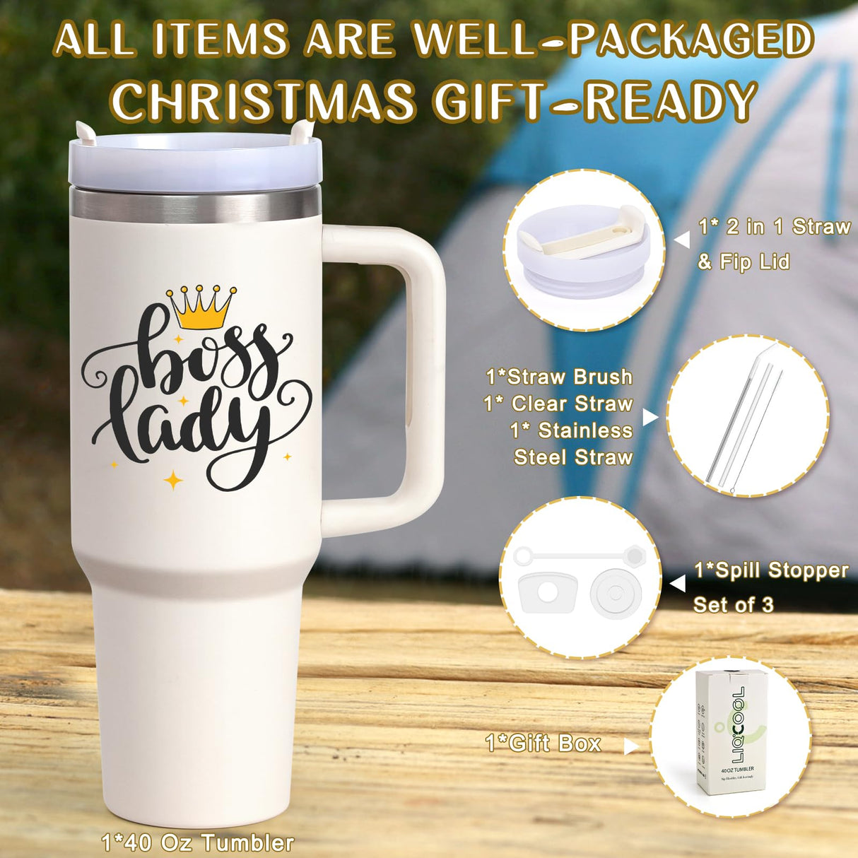 LiqCool Boss Gifts for Women - 40 oz Tumbler with Handle and Straw Lid, Great Gift Idea for Bosses Day, Birthday, Christmas (Cream)