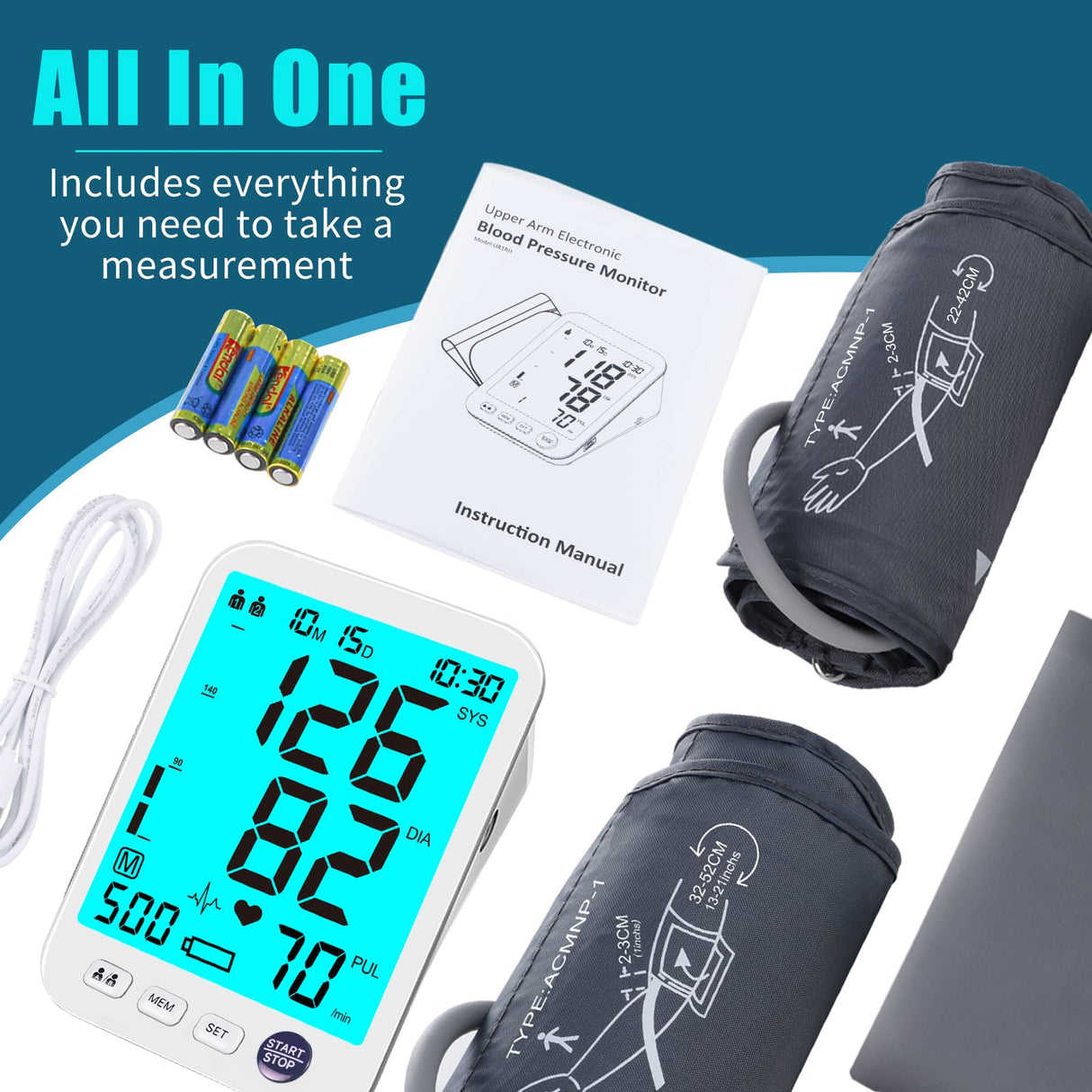 Blood Pressure Monitor-Automatic Blood Pressure Machine XL Cuff for Big Arms 13-21”-Medium/Large Cuff 9"-17" Extra Large Backlit LCD Two User 1000 Mem (Blue