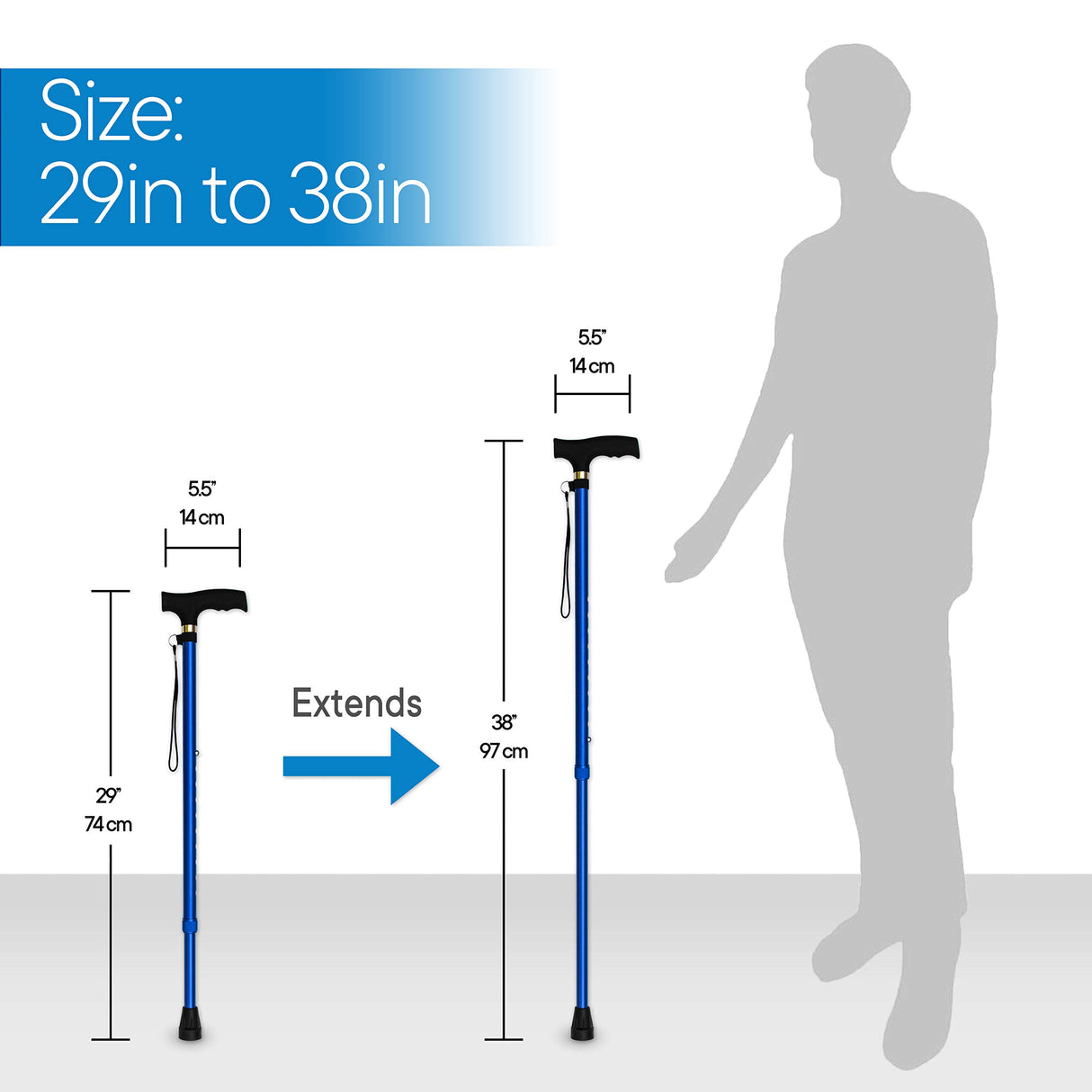 RMS Walking Cane - Adjustable Walking Stick - Lightweight Aluminum Offset Cane with Ergonomic Handle and Wrist Strap - Ideal Daily Living Aid for Limited Mobility (Blue)
