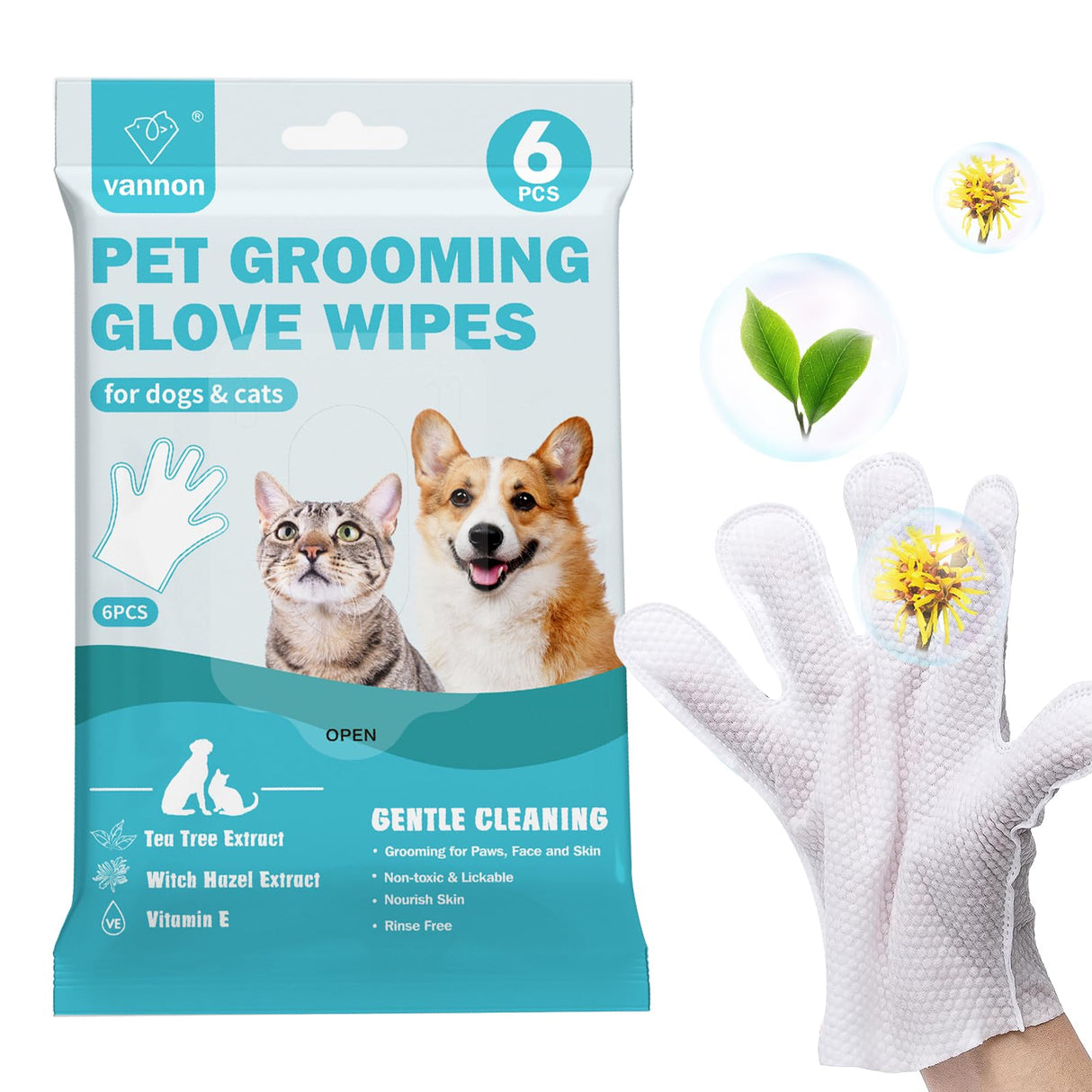 Vannon Extra Thick Pet Bathing Wipes for Dogs & Cats, Cleaning & Odor-Controlling Grooming Gloves, Nourish Fur Glove Wipes for Daily Care and Traveling, Rinse Free, Unscented, 6 PCS
