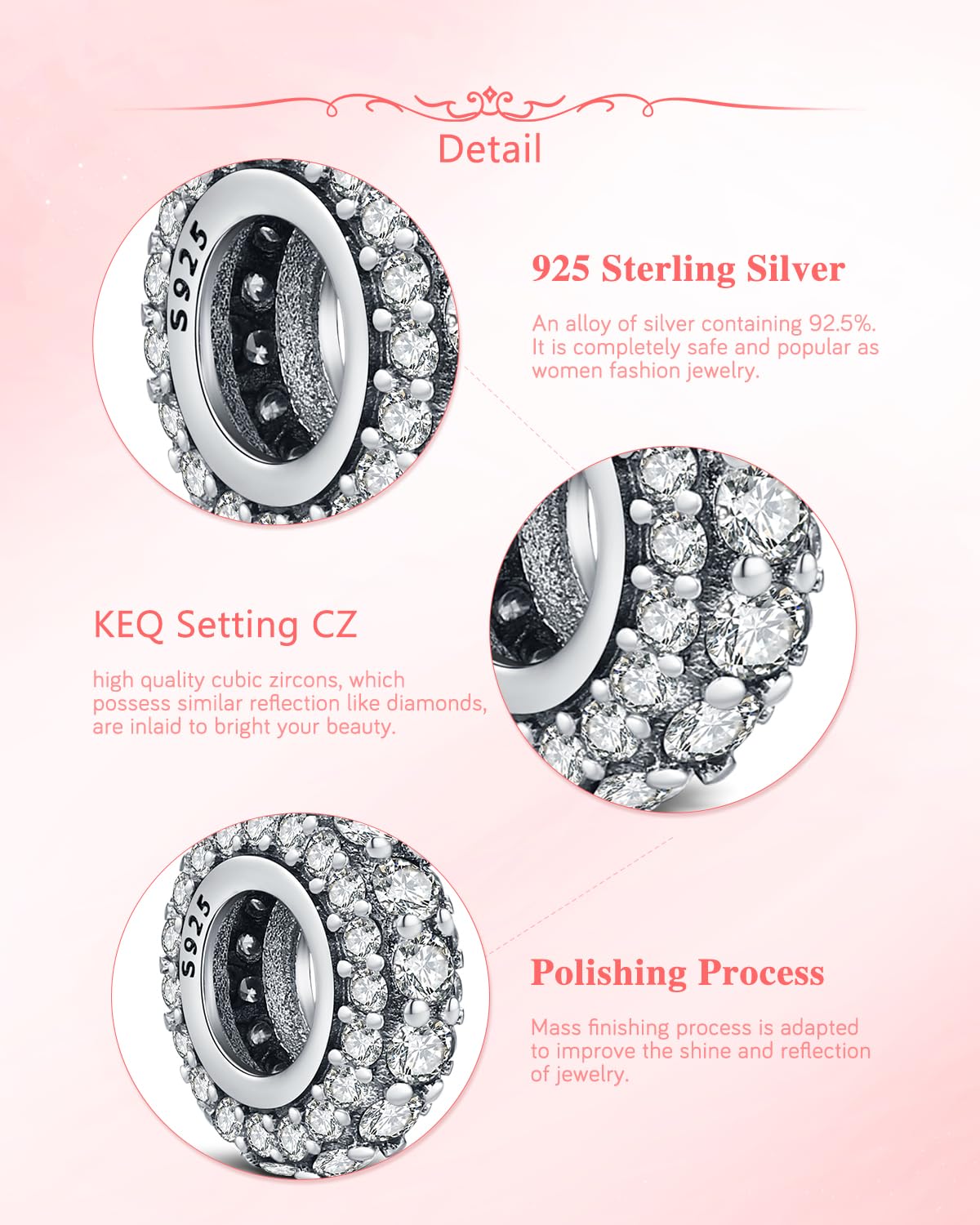 S925 Silver Spacer Stopper CZ Bead Charm for Pandora Bracelet Present Women