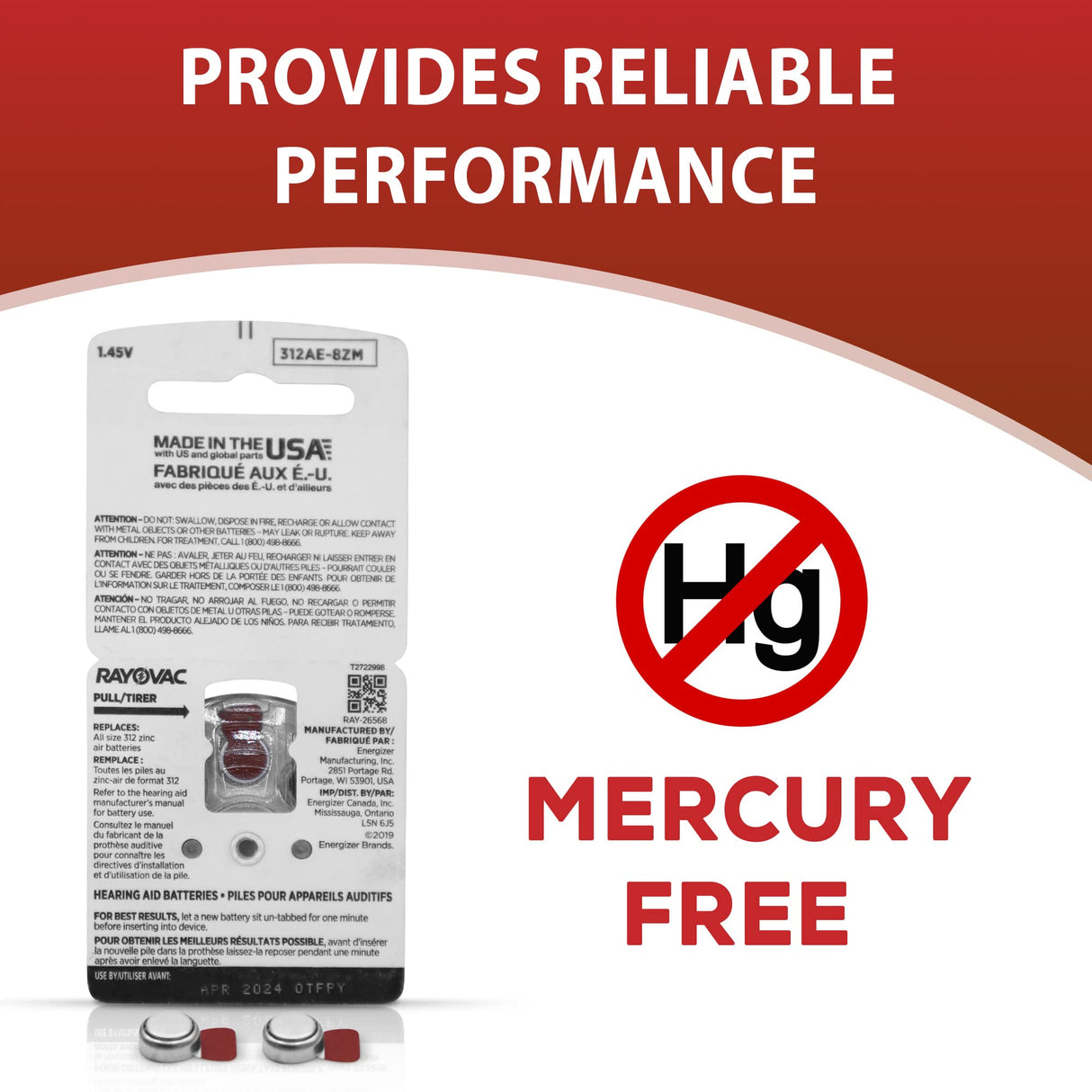 Wholesalehome Hearing aid Batteries Size 312, 80 Extra Advanced Mercury-Free Batteries with Battery Caddy