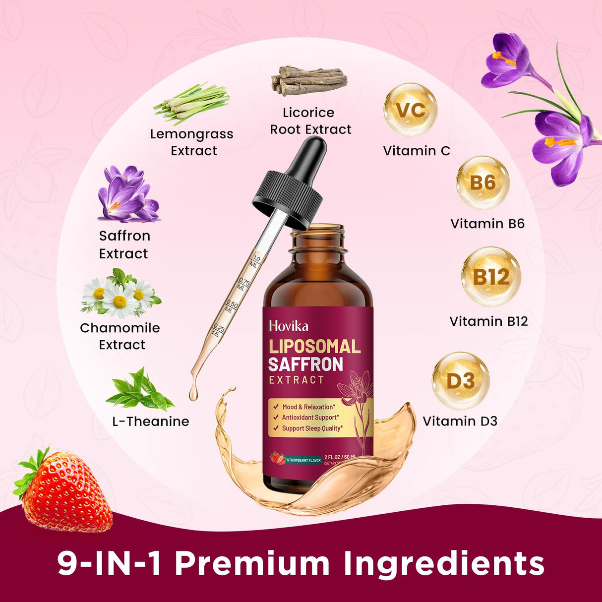 Liposomal Saffron Supplements - 88.5mg Saffron Extract Liquid Drops with L-Theanine, Chamomile, Vitamin C, B6, B12 & D3 for Antioxidant, Immune, Mood, Energy, Focus & Sleep - 2 Fl Oz Strawberry Flavor
