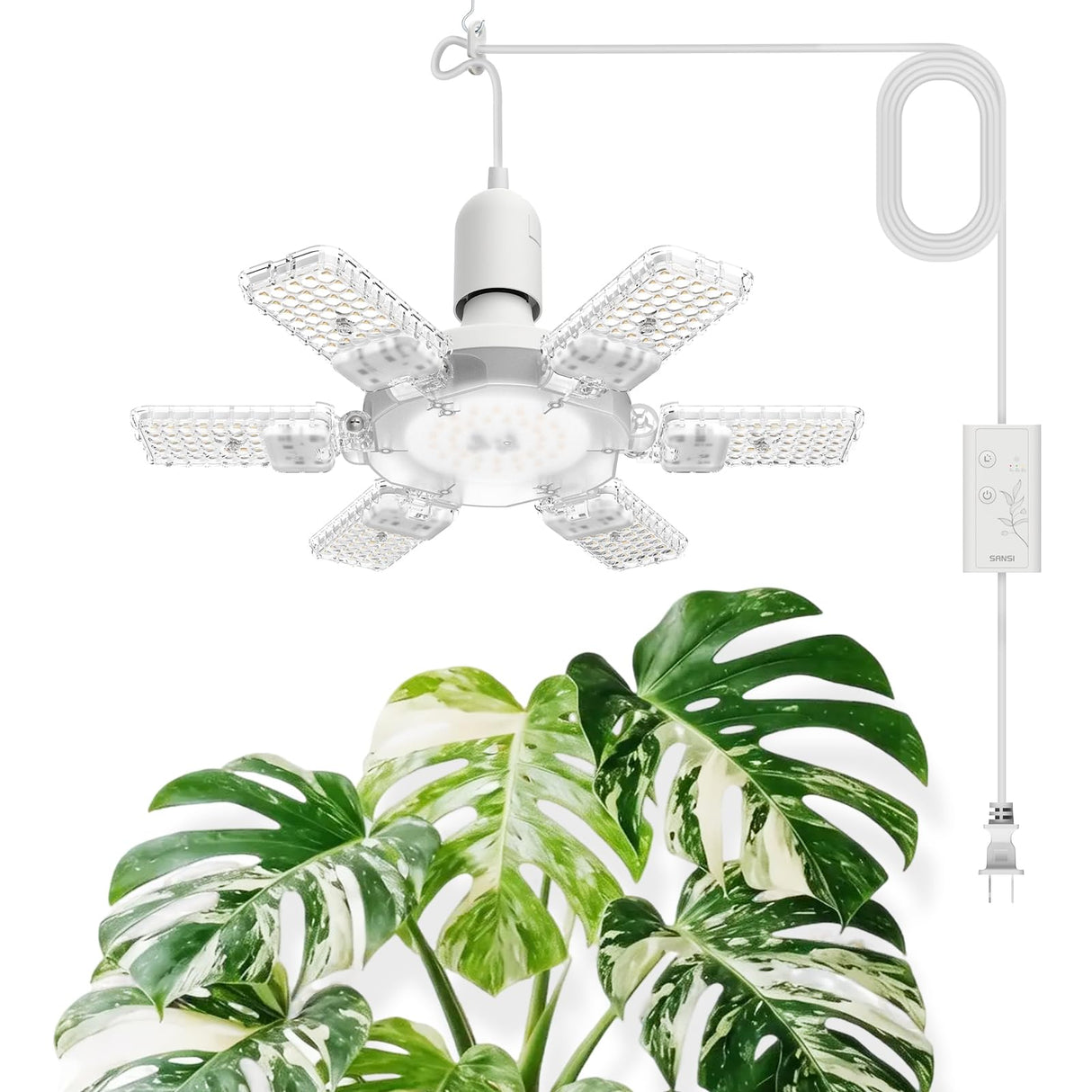 SANSI Hanging Grow Lights for Indoor Plants, 60W Hanging Plant Light with Timer, Adjustable 6-Panels, Full Spectrum, 4700LM, 4000K Daylight, Pendant Grow Light, 16.4FT Power Cord for Tall Large Plants