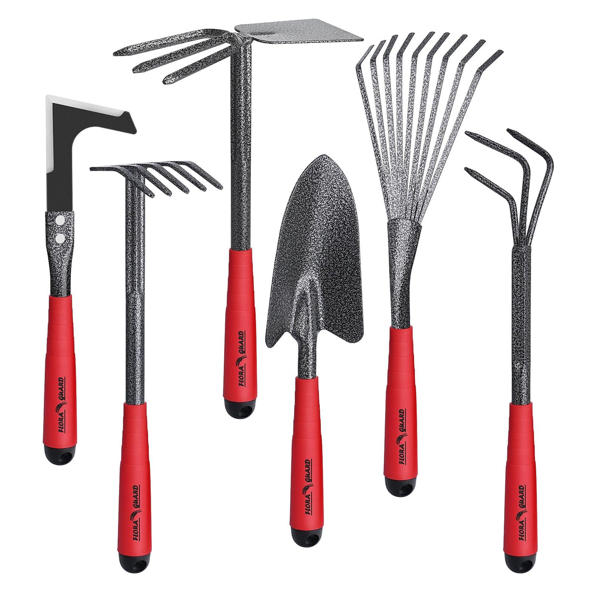 FLORA GUARD 6-Piece Garden Tool Set, Heavy Duty Gardening Hand Tools with Trowel, Rakes, Cultivator, Hoe & Crack Weeder, High Carbon Steel Yard Tools for Weeding, Planting, Digging, Gardening Gifts