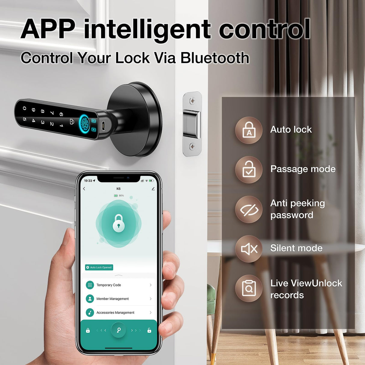 Fingerprint Door Lock- Smart Door knob,biometric Door Lock,with passcode keypad keyless Entry Door Handle,for Bedroom Home Hotel Office Apartment (Black with APP)