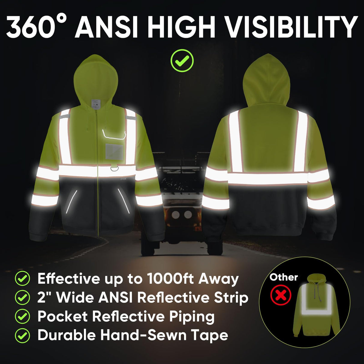 TICONN High Visibility Safety Sweatshirt Hoodie, Reflective Hi-Vis ANSI Class 3 Fleece Zippered Hooded Jacket with Black Bottom for men and women (Yellow&Black, L)