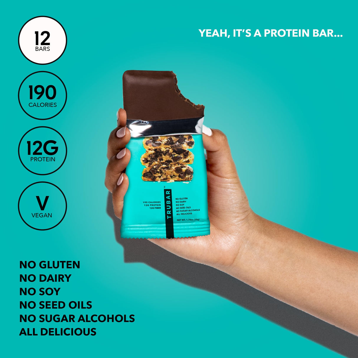 TRUBAR Vegan Protein Bar, Oh Oh Cookie Dough, Gluten Free, Plant Based, High Fiber, Dairy Free, Low Fat, No Sugar Alcohols, 12G Lean Protein, 13G Fiber, Healthy Snack Bars, 12 CT