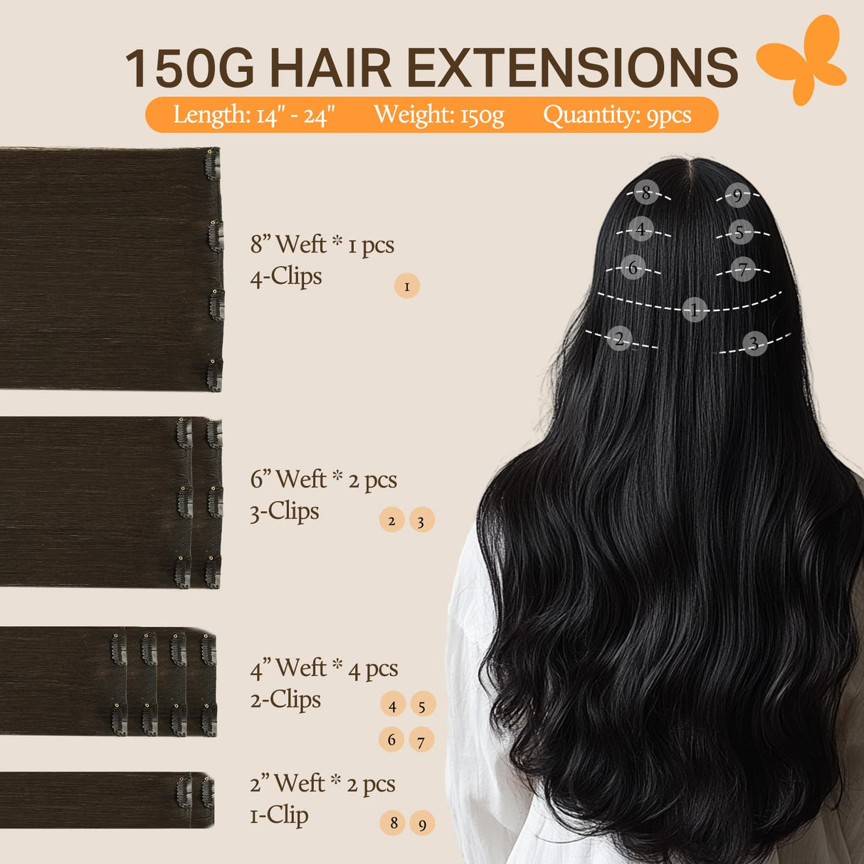DOORES Clip in Hair Extensions Real Human Hair, Dark Brown 150g 9pcs 20 Inch, Clip in Human Hair Extensions Real Natural Hair Extensions Extensions for Women Clip in Thick Silky Straight Extensions