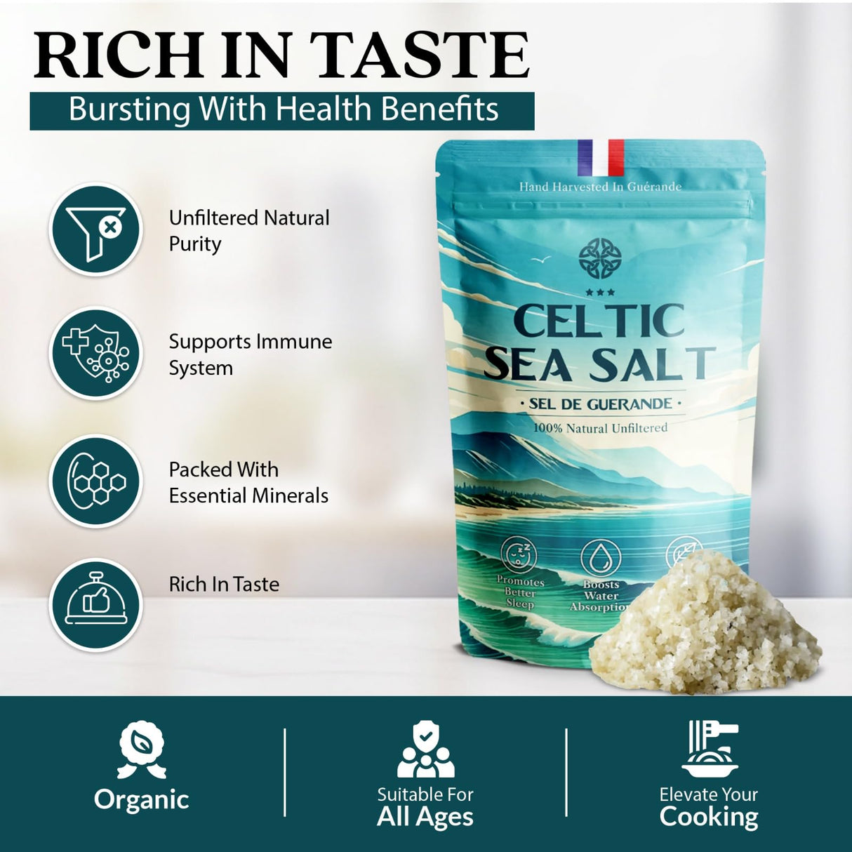 4 Pack Celtic Sea Salt 500g | 100% Organic Unfiltered | 82+ Natural Minerals | Hand Harvested in Guerande, France | Coarse Grey | 500g