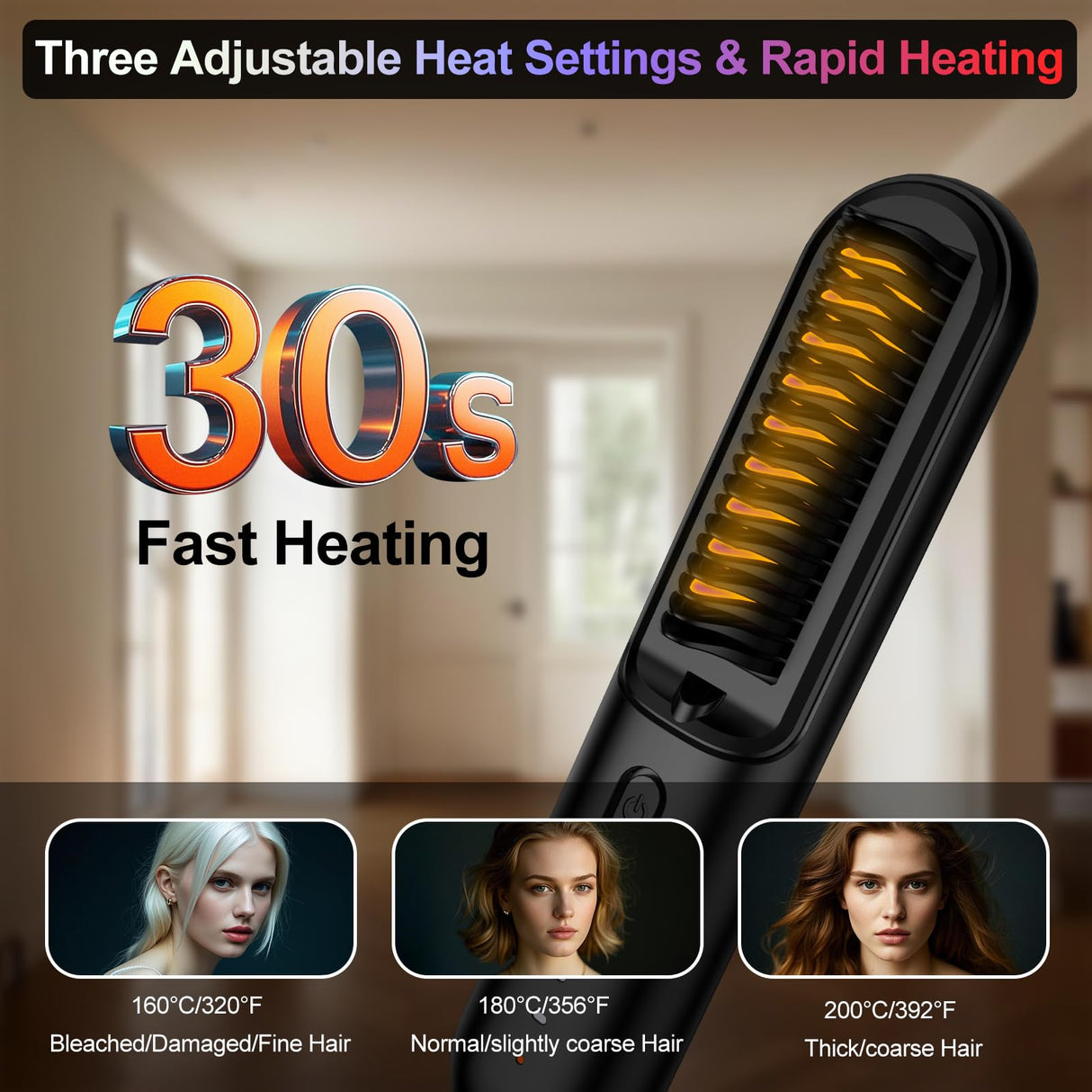 Cordless Hair Straightener Brush with 6500mAh Fast Charge Dual Mode (Cord-in-use & Cordless), 200 Million Negative Ions Portable Travel Straightener, 30s Heat-Up Mini Hair Straightening Comb for Woman