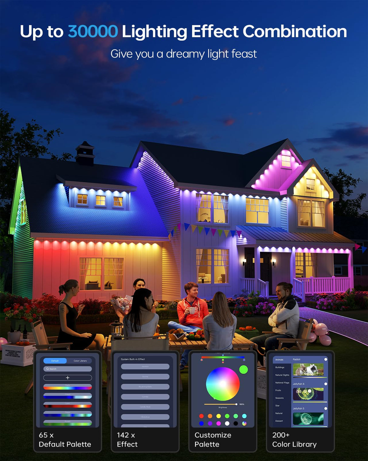 ASAHOM AI Permanent Outdoor Lights S107B, 100FT with 72 RGBCW LED Lights and Dual Output, 30,000 Lighting Effect Combination, IP67 Waterproof for House Halloween Christmas and Daily Decoration, White