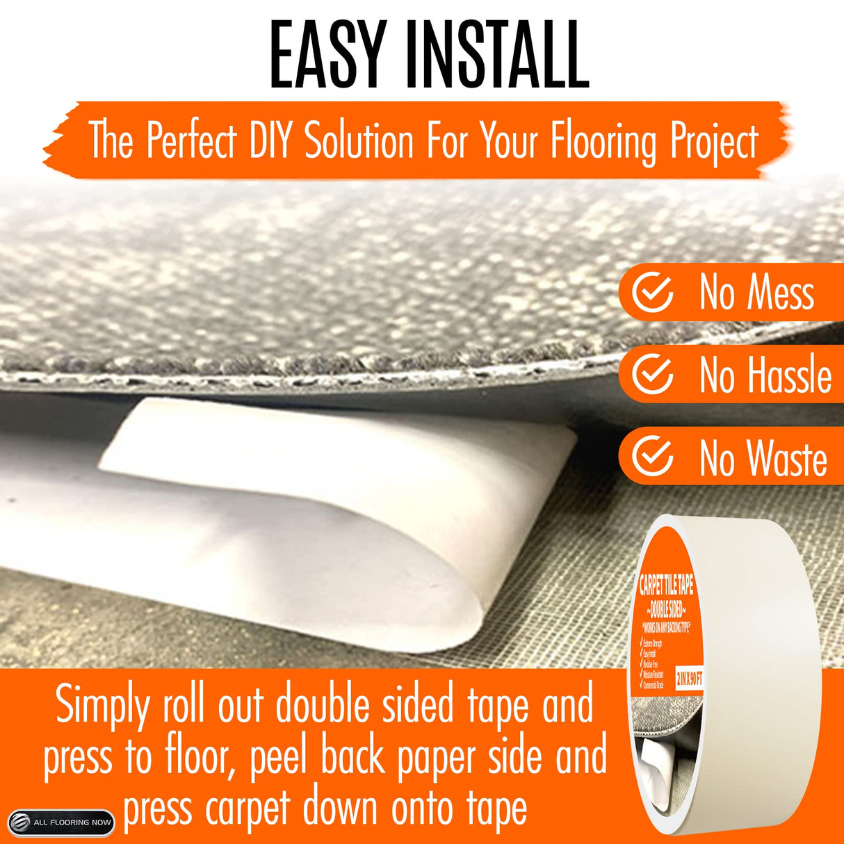 All Flooring Now Carpet Tile Tape Double Sided 2in x 90ft - Heavy Duty Reinforced Web Mesh & Residue Free - Indoor Outdoor for Carpet Tiles, Hardwood, Vinyl, Rugs, Carpet, Rubber, Turf & Mat Gripper